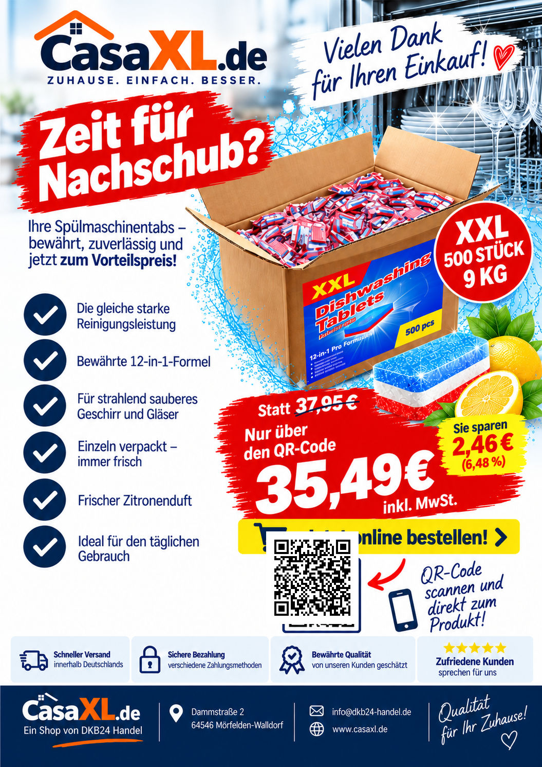 CasaXL Flyer: Zeit für Nachschub? Spülmaschinentabs XXL 500 Stück 9 kg, 35,49 € inkl. MwSt.